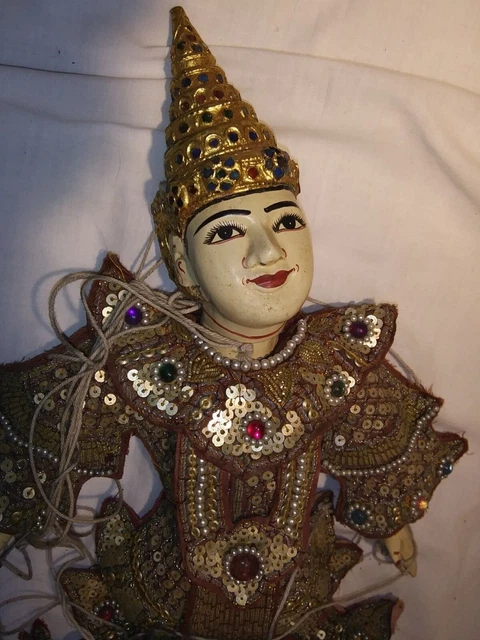 Antique Burmese Thailand Marionette Vtg Hand Carved Wooden String Puppet. clown 