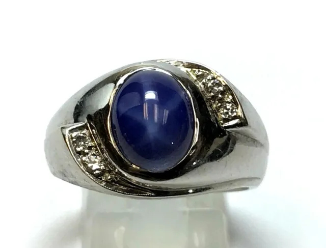 Vintage Mens 14K White Gold Oval Blue Star Sapphire Diamond Ring Estate Sz 9.25