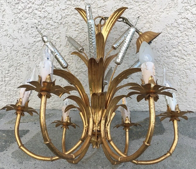 Large antique french chandelier light Mid-1900's gilded brass bamboo wheat