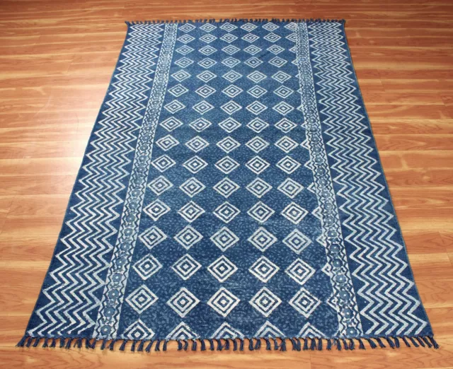 Hand Woven Cotton Dhurries Living Room Area Rugs Indian Geometric Blue Kilim