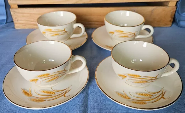 Vintage Homer Laughlin Set Of 4 Tea Cups And Saucers Golden Wheat 22k Made In US