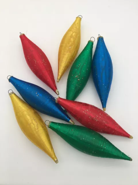 Vintage 8 Spun Satin Christmas Ornament 6" Teardrop Red Gold Blue Green Glitter