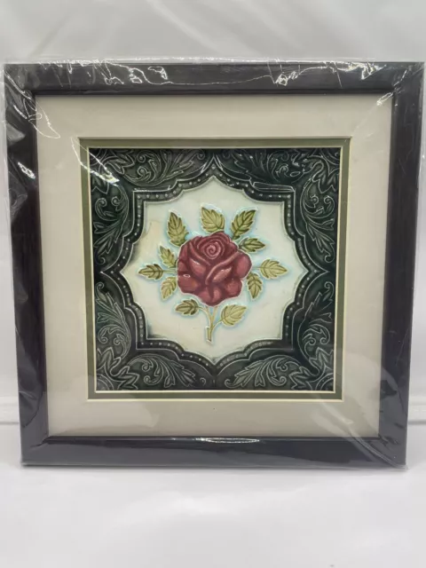 Vintage/Antique Floral Art Majolica Red Rose Dark Green Tile Framed And Matted