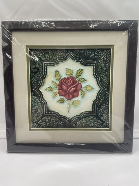 Vintage/Antique Floral Art Majolica Red Rose Dark Green Tile Framed And Matted