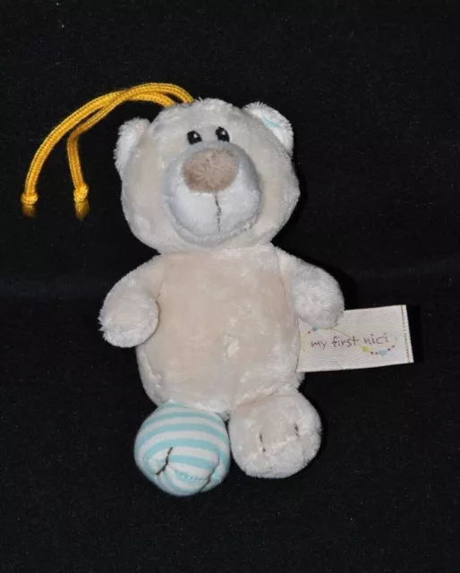 Peluche doudou ours my first NICI beige bleu rayé blanc queue jaune 15 cm NEUF