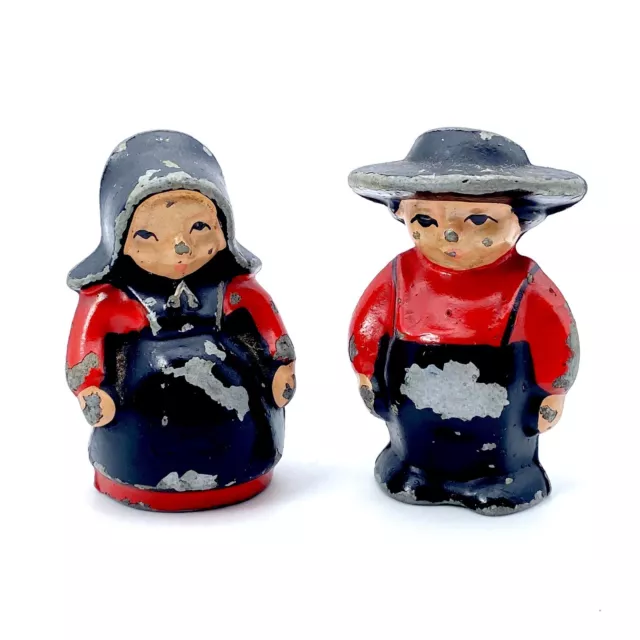 Vintage Cast Iron Amish Couple Salt & Pepper Shaker Black Set Man Woman Figures