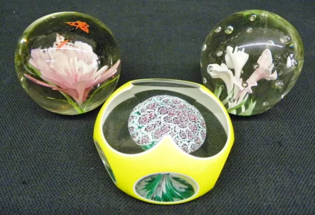 Set 3 Art Glass Paperweights Murano Italy Floral, Bubbles, Insects, Multi-Sided