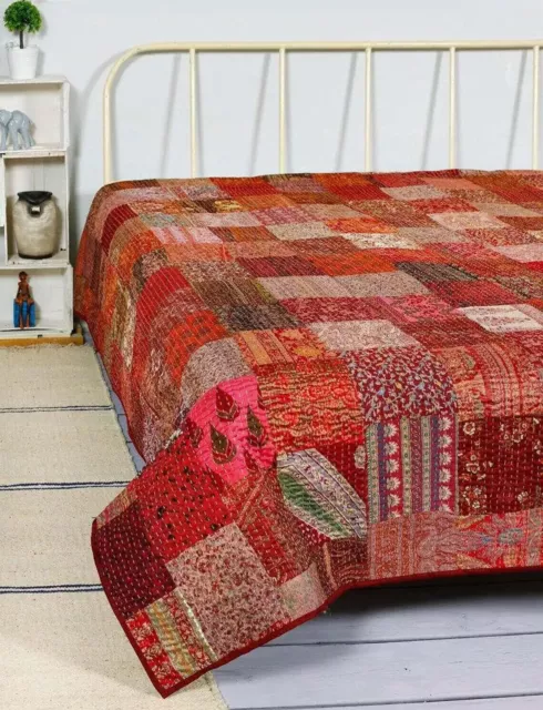 Colcha Kantha de seda roja india, colcha Queen hecha a mano, colcha Kantha