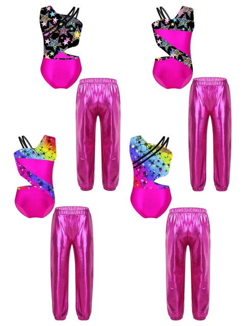 Kids Girls Ballet Performance Gymnastics Cutout Waistline Printed Shiny Jazz