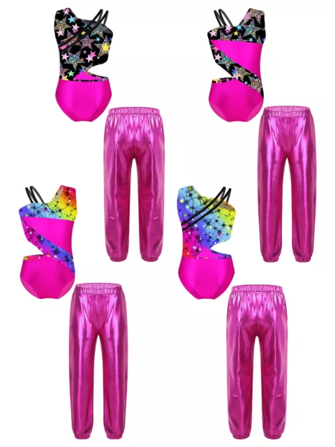 Kids Girls Dancewear Outfits Ballerina Gymnastics Party Ballet 2 Pieces Shiny