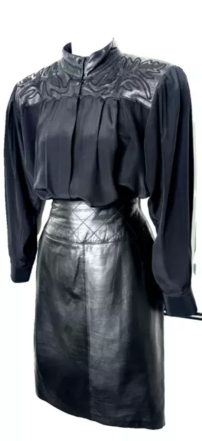 VTG• Rare  80s Designer Pia Rucci Leather silk Embroidered Skirt Set ~ 6/8
