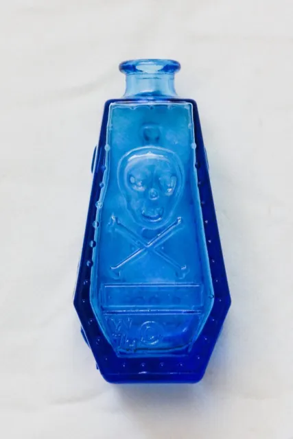 VTG Wheaton Blue Glass Poison Bottle/Coffin Shape Skull &Cross Bones R.I.P.