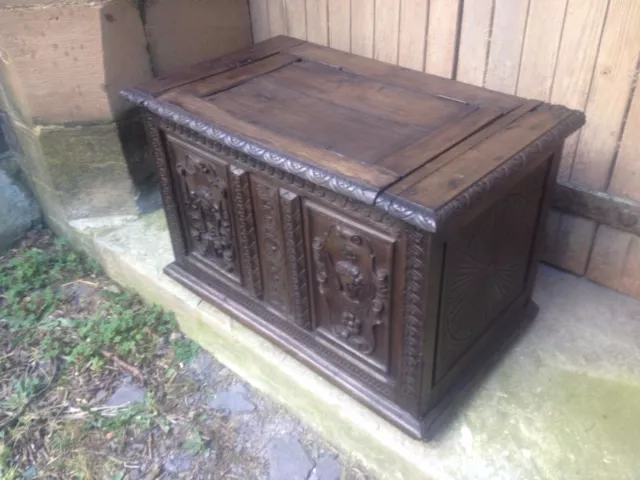 Exceptional 16th Century Two Panel Carved Oak Church Coffer Angel Elizabethan 2