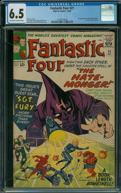 The Fantastic Four #21 Cgc 6.5 Fn+ Off White To White Pages 1963 1St Hate Monger