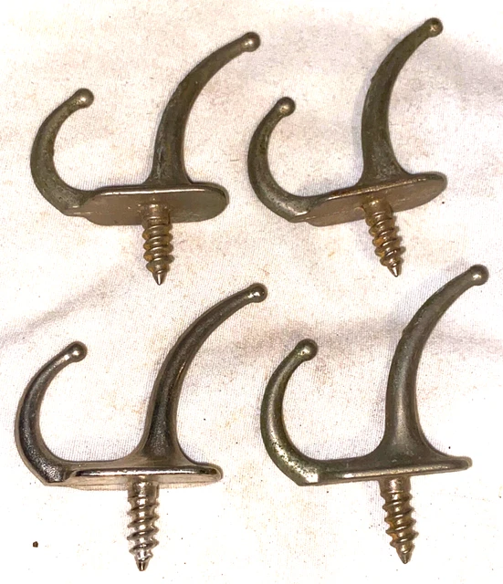 4 Small GR GRc Silver Colored Double Key Hat Hooks Solid Brass Antique  1-3/8" 2