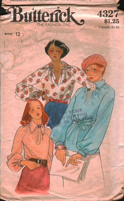 4327 Vintage Butterick Sewing Pattern Misses Loose Fitting Blouse Belt OOP Sew