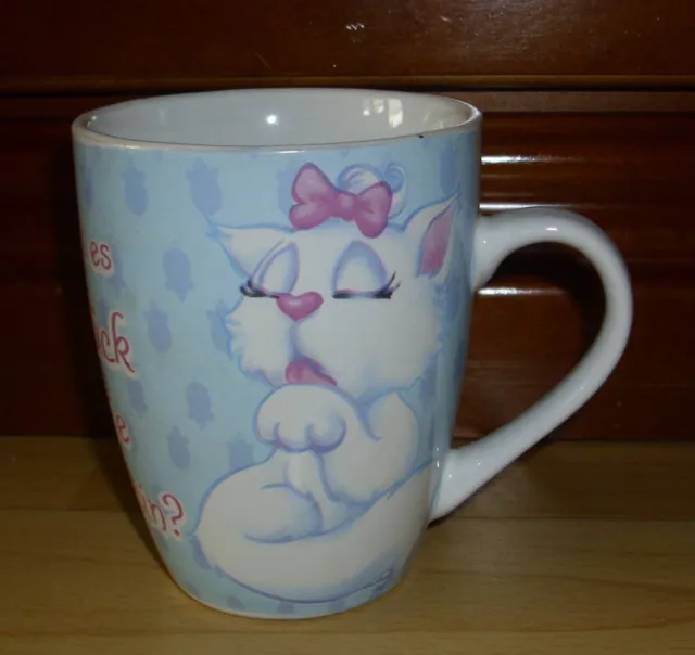 Tasse Kaffeepott hellblau bedruckt Spruch Katze Keramik Höhe 11 DM 8 cm