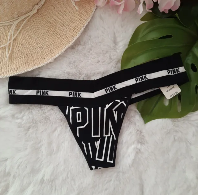 Victorias Secret PINK Thong Thick Soft Logo Wide Band Panty Black Small Low Rise