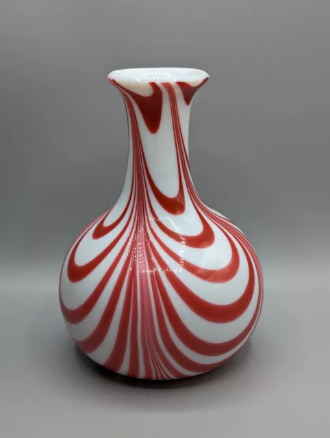 Early Nailsea Glass Vase, Opaline White Red Swirls, 19th Century, Antique, Rare