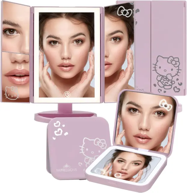 Paquete de espejos de maquillaje iluminados de vanidad Hello Kitty impresiones, súper lindo triple