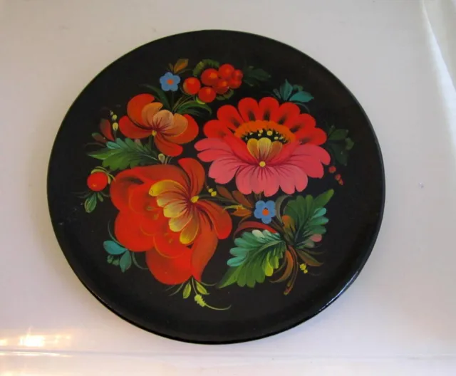 Vtg Russian Khokhloma Hand Painted Flowers Black Lacquer Wooden Plate Folk Art