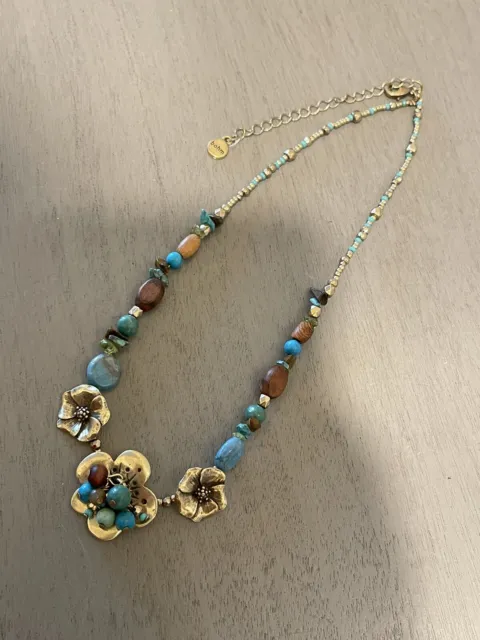 Bohm Necklace Floral Enamel Beads Blue Gold Brown Wooden Multicolor Tone Chain