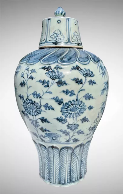 Chinese Antique Signed Yuan Dynasty Blue White Porcelain Floral Vase 15”H  8”W
