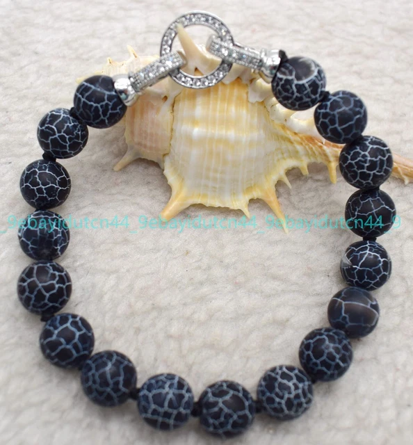 10mm Natural Black Matte Dragon Veins Agate Round Gem Bead Bracelet 7.5"