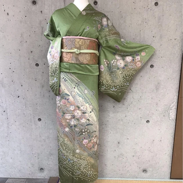 Japanese Kimono Green Flower Silk Women 165.5cm Antique