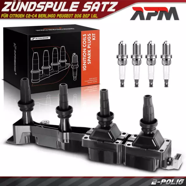 1x Zündspule + 4x Zündkerze für Citroen C2-C4 Berlingo Peugeot 206 207 307/8 1.6