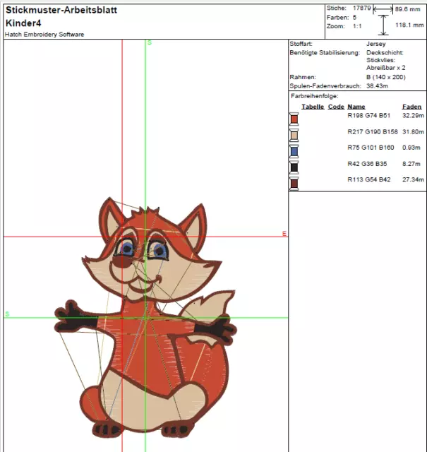 stickdatei Fuchskind 117x89 mm , Zustand neu, 17014 Stiche, TK2 2