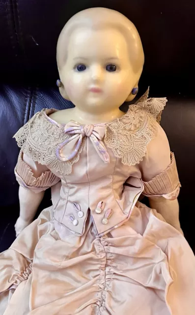 Antique 21” Rare German Wax Over Paper Mache Alice C1870 Doll W/Great Outfit