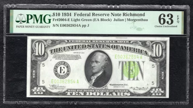 Fr. 2004-E 1934 $10 Lgs Light Green Seal Frn Richmond, Va Pmg Unc-63Epq (D)