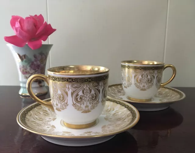 2 ANTIQUE JPL Jean Pouyat Limoges Demitasse Cups & Saucers Gold Art Deco Design