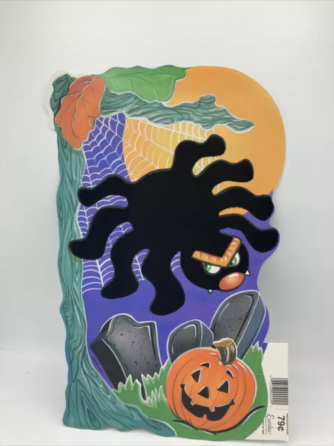 Vtg Eureka Flocked Spider Pumpkin Halloween Cut Out Decorations Velvet Graveyard