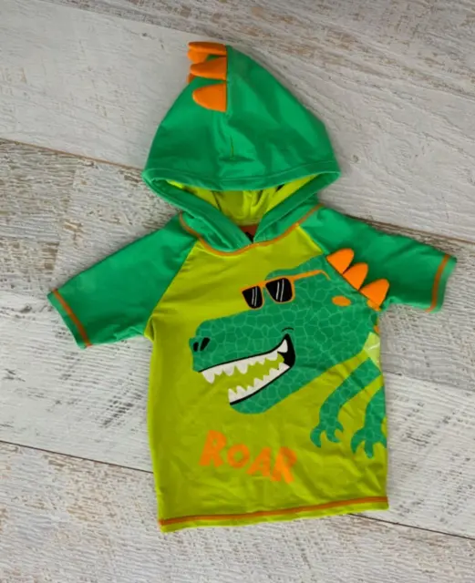Baby toddler  boys sz 12-18 mths rashie Top swimwear hooded dinosaur