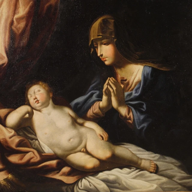 Pintura religiosa antigua cuadro oleo lienzo Madonna nino 600 siglo XVII