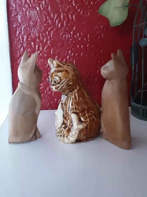 Three little Cat/Kittens, two Wooden,one Ceramic with Fish,vintage miniatures