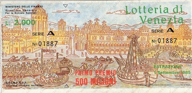 1985 LOTTERIA Primo Premio 500 Milioni Venezia biglietto