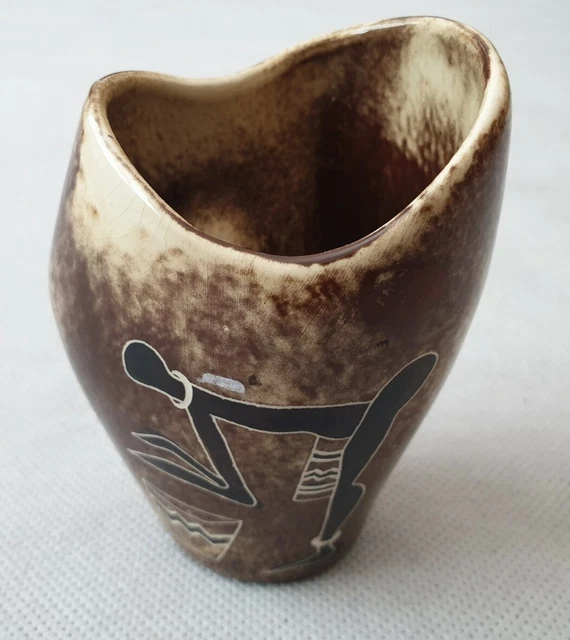 Vintage Mid Century südafrikanische Halbmond-Keramikvase A42 handbemalt 1960er Jahre