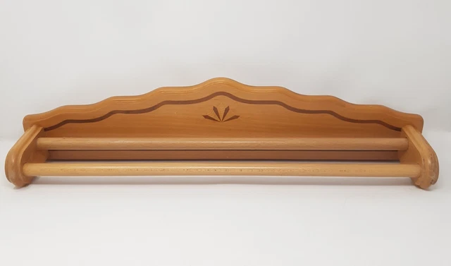 Vintage Wood Inlaid Art Deco Style Double Towel Rail Wall Mountable Hanging Rack