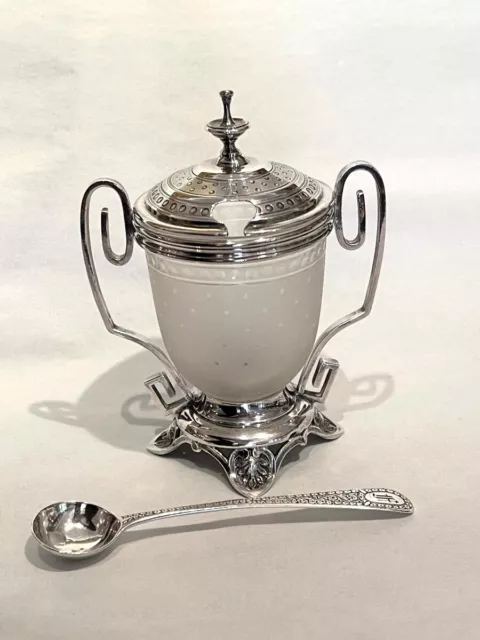 Antique Sterling Silver Minerva Glass Mustard Pot with Spoon Hallmarked 19th C