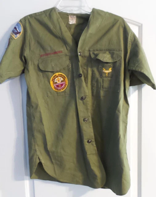 1960's Boy Scout Uniform - Shirt with Patches and Shorts Olive Green Size 14