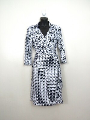 J. McLaughlin Small V Neck Printed Wrap Dress 3/4 Sleeve Collared Catalina Cloth
