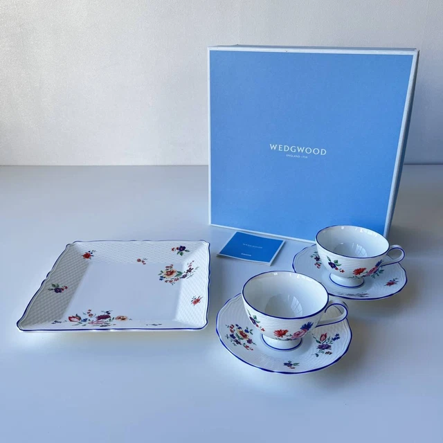 Wedgwood tafetán flores tafetán flor taza platillo par plato cuadrado...