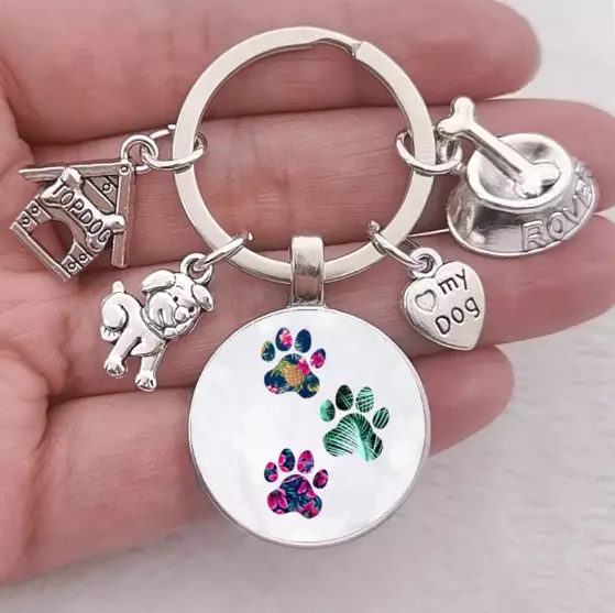 Cute Pet Dog Keychain Paw Dog Glass Top Dog House Charms Keyring