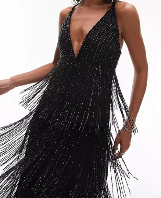 TOPSHOP PREMIUM STRAPPY embellished Fringe and beaded mix midi dress Black 16 134.99 PicClick UK