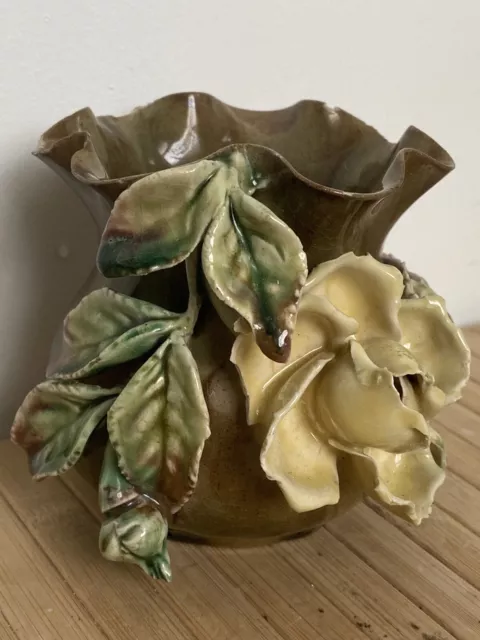 Art Nouveau Barbotine Majolica Planter Pottery Pot Roses AS SEEN