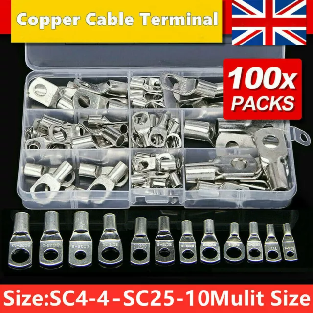 100Pcs Copper Tube Terminals Battery Welding Cable Lug Ring Crimp Connectors Kit