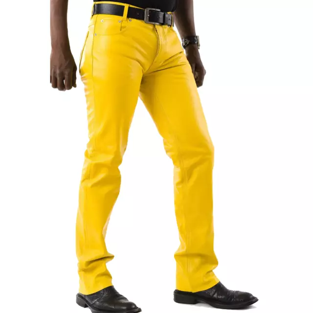 Mens Real Cowhide Leather Soft Slim Fit Yellow Leather Pants Casual Tight Biker